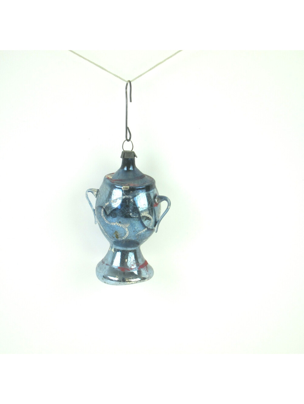 Vintage Mercury Blown Glass Christmas Ornament Blue Urn Vase 2 Handled Mica